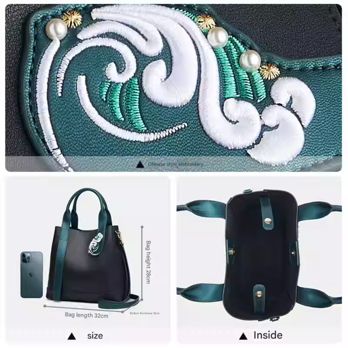 Embroidered large bag handbag cowhide cheongsam bag bucket bag Embroidered large bag handbag cowhide cheongsam bag bucket bag
