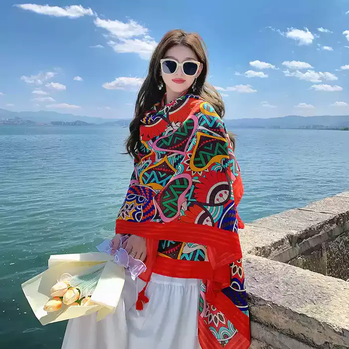 Classic colorful shawl, Zhuang brocade geometric pattern Classic colorful shawl, Zhuang brocade geometric pattern